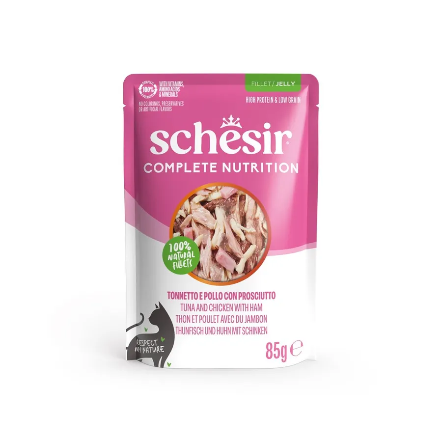 Schesir Complete Nutrition Ton Balıklı, Tavuklu ve Jambonlu Jöleli Pouch Kedi Maması 85 g